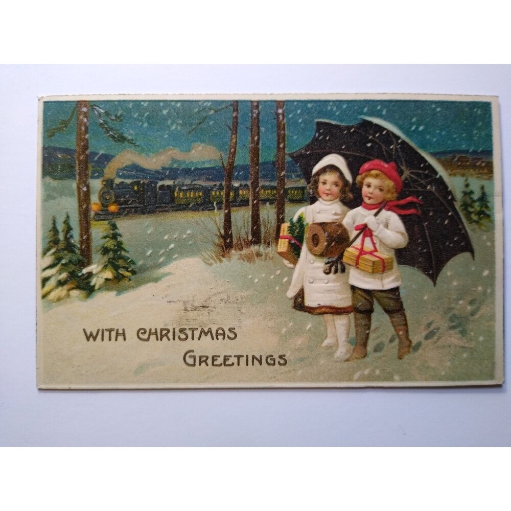 Vintage Christmas Postcard Children Snow Train Gifts Umbrella 1912 Embossed